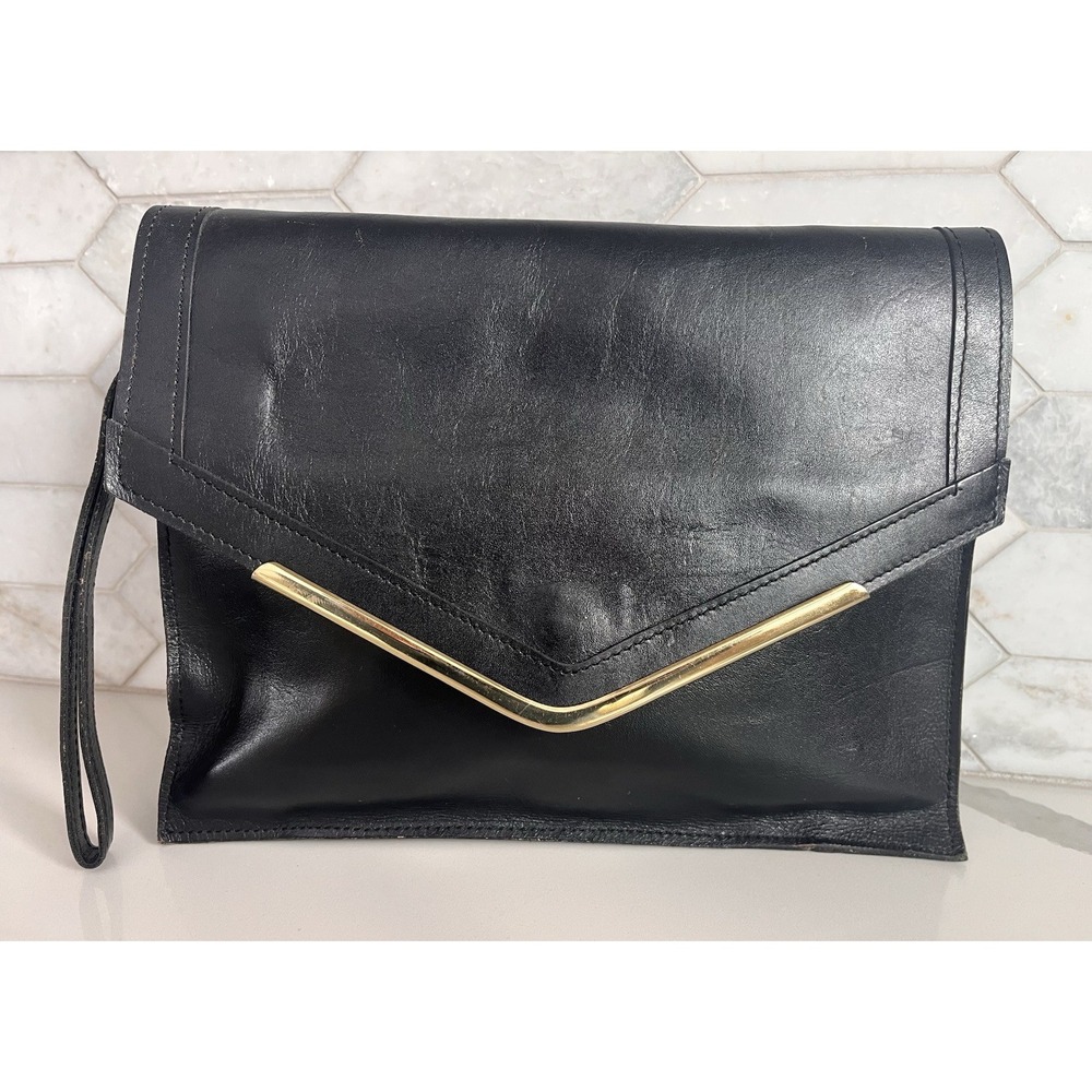 Vintage Made In Korea Genuine Leather‎ Clutch Wristlet Black Envelope Style Snap